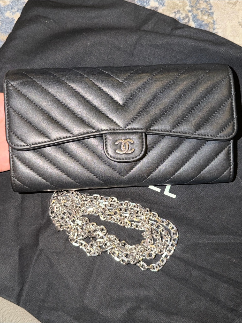 Chanel Black Quilted Chevron Wallet with Silver Hardware